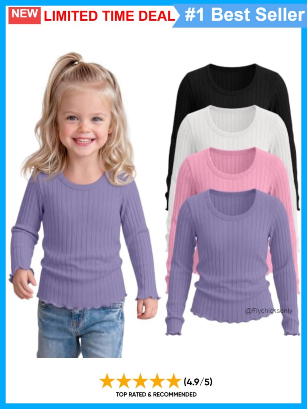 Toddler Girls Ribbed Long Sleeve Scoop Neck Lettuce Trim Tees 4 Pack